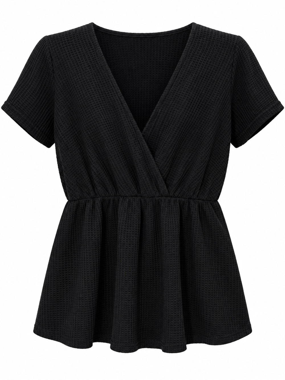 Black Textured Wrap Front Romper XXL Plus Size V Neck Peplum